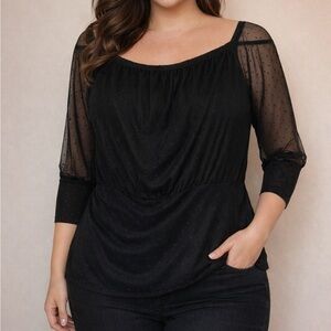 Addition Elle Black Top with Sheer Detail 1X